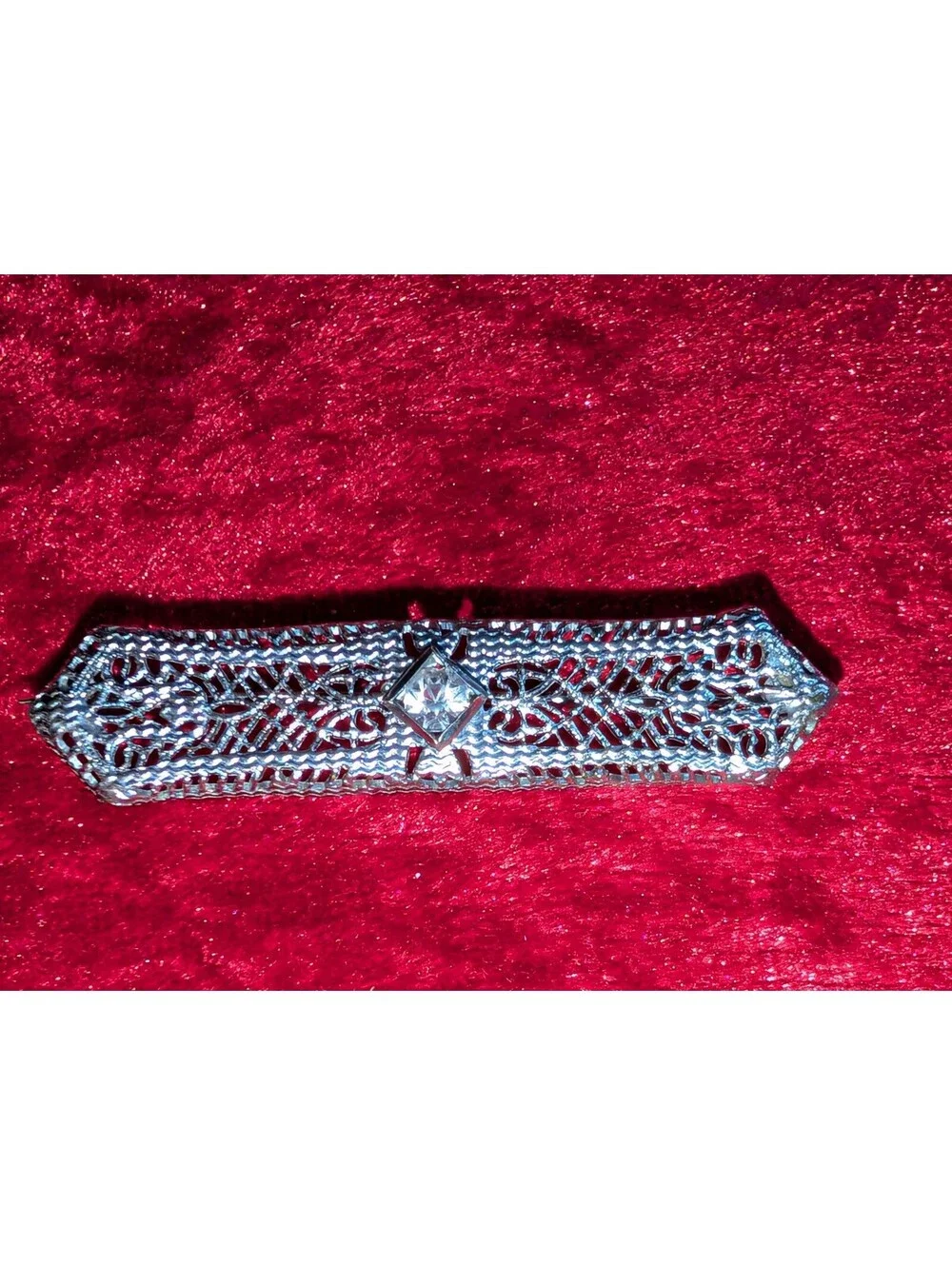 Vintage Silver Filigree Bar Pin Brooch with Central Clear Stone